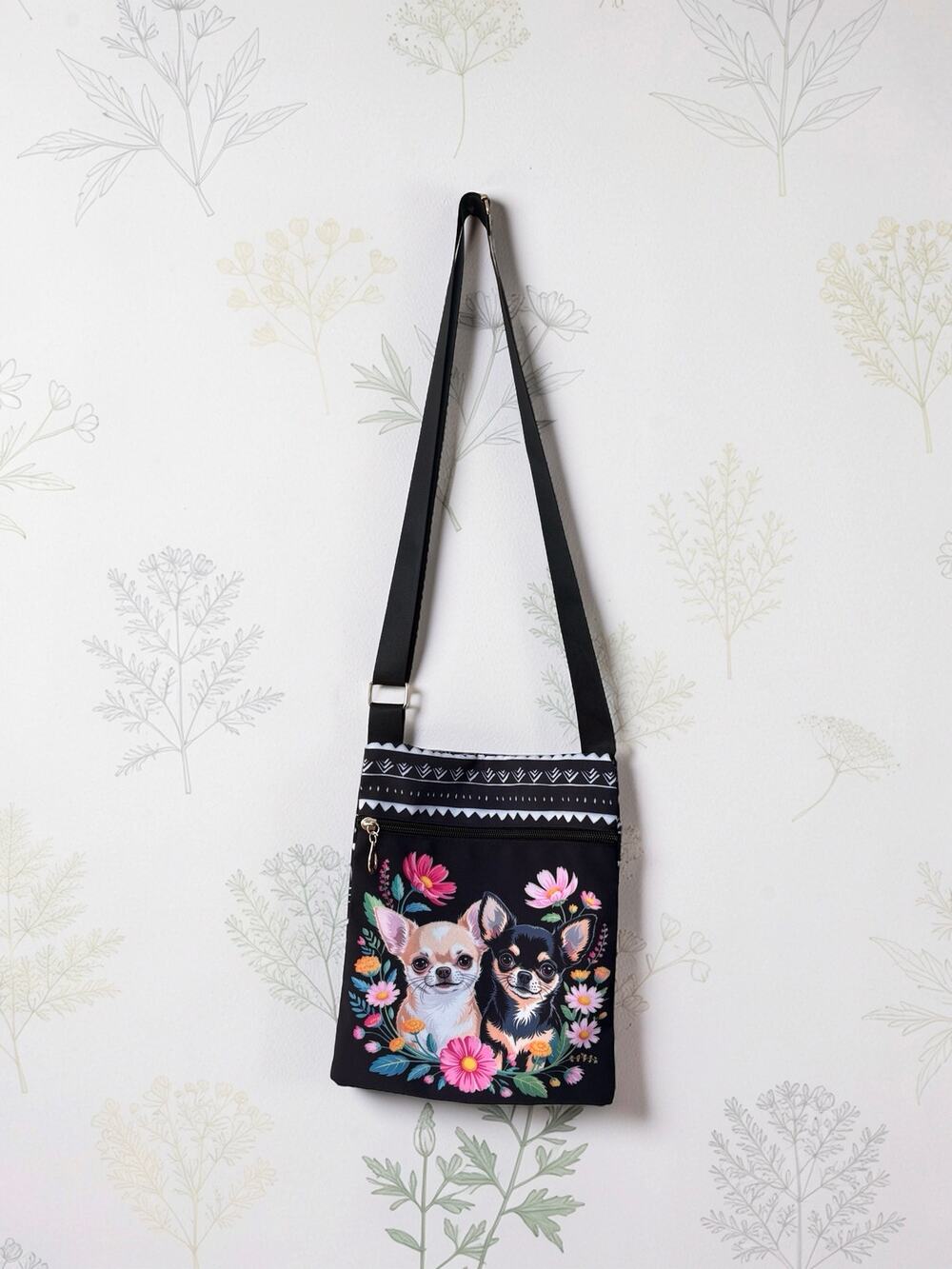 Chihuahua Crossbody Bag Black Floral Dog Purse Adjustable Strap Zipper Pocket
